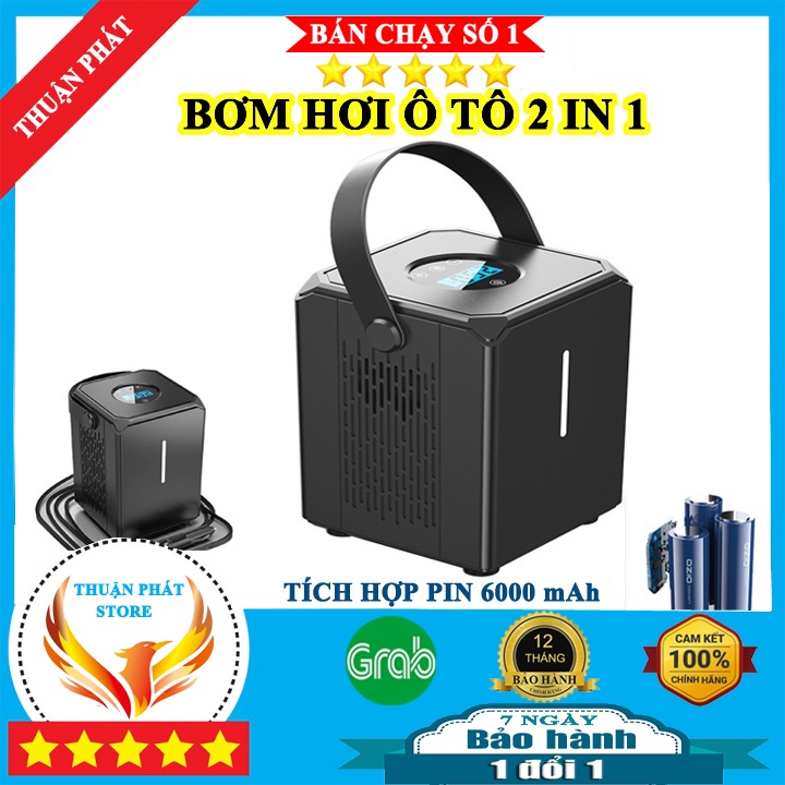 Bơm hơi mini 12v - Máy bơm xe ô tô 12v công suất 120w 2 in 1,tích hợp pin 6000 mAh,tự động ngắt,đèn LED chiếu sáng