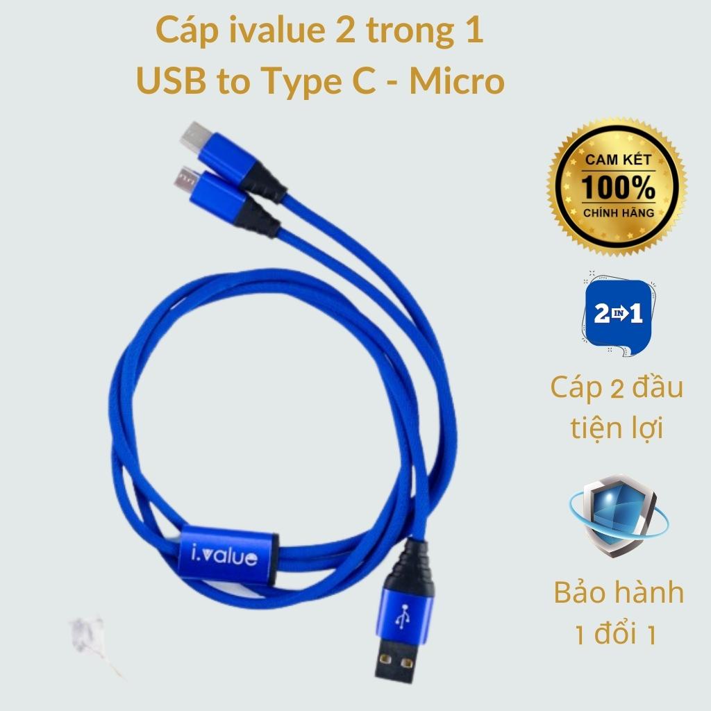 Cáp sạc ĐT sạc nhanh 2 trong 1 USB to Micro Type-C 1m i.value Knit 2.4A 12W