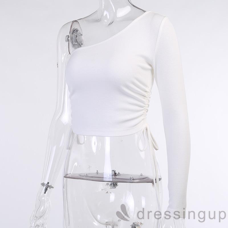 DRESSINGUP-Áo thun lệch vai dài tay gợi cảm bên hông có dây rút ôm sát cho nữ
