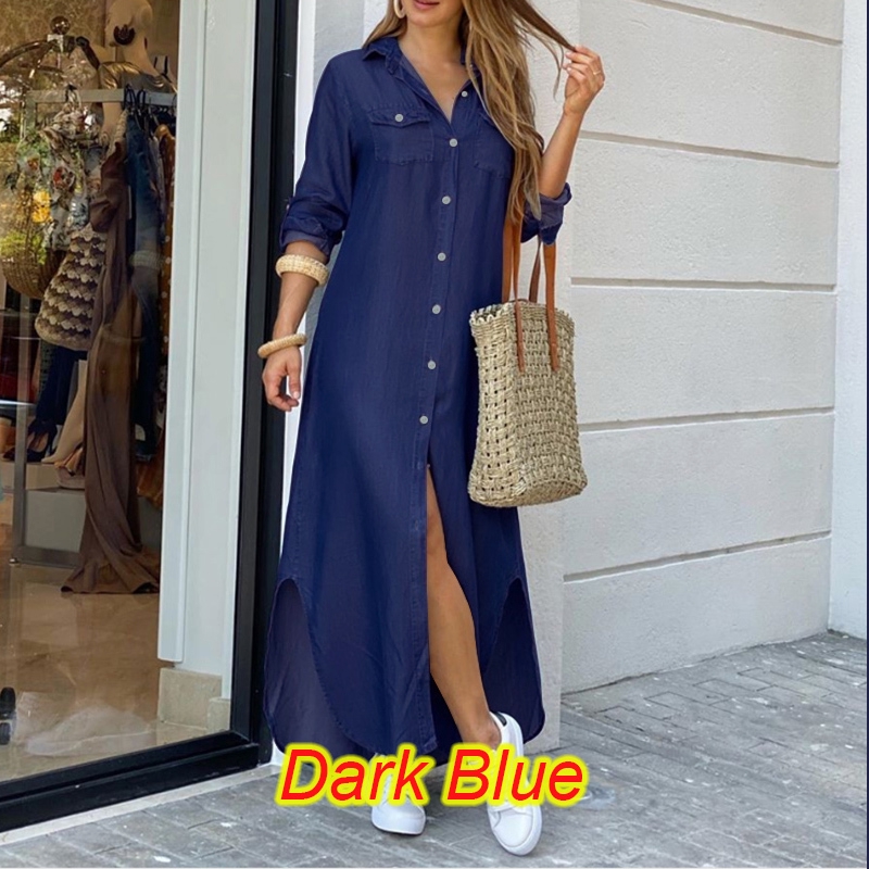 Đầm maxi ZANZEA dài màu denim có cúc thời trang cho nữ