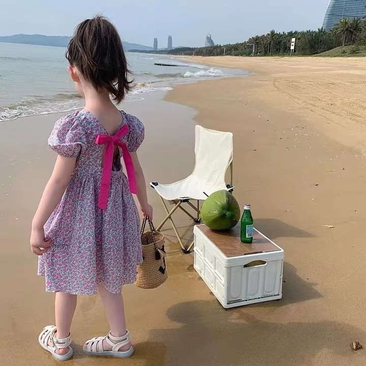 Đầm Công Chúa Cổ Tròn Tay Phồng Cột Dây Họa Tiết Hoa Kiểu Hàn Quốc Thời Trang Mùa Hè Cho Bé Gái