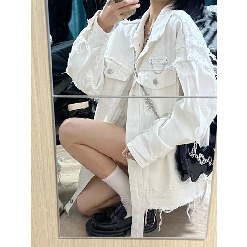 Áo Khoác Denim Màu Trắng Dáng Rộng Phong Cách Thời Trang Mới Dành Cho Nữ