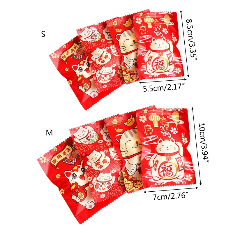 Set 100 túi đựng bánh in hình mèo may mắn và hoa tuyết phong cách Trung Hoa