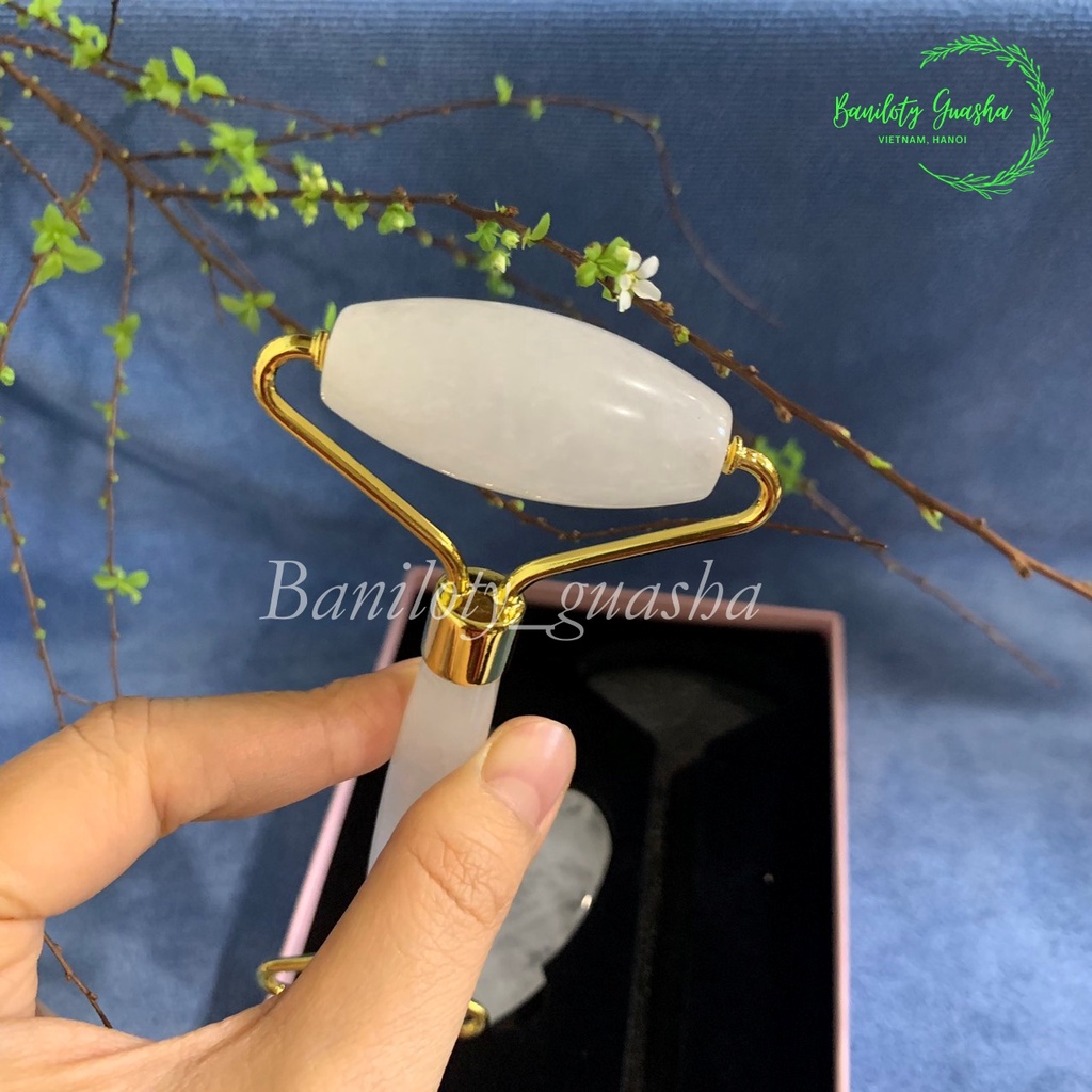 (Bản limited Baniloty) Bộ thanh lăn và miếng đá trái tim-đá tự nhiên màu trắng trong, massage mặt nâng cơ hiệu quả