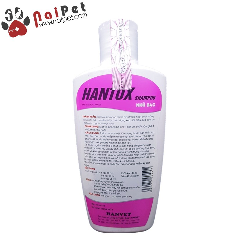 Sữa Tắm Trị Ve Rận Bọ Chét Mòng Chấy Mượt Lông Chó Mèo Hantox Shampoo Hồng Nhũ Bạc 200ml