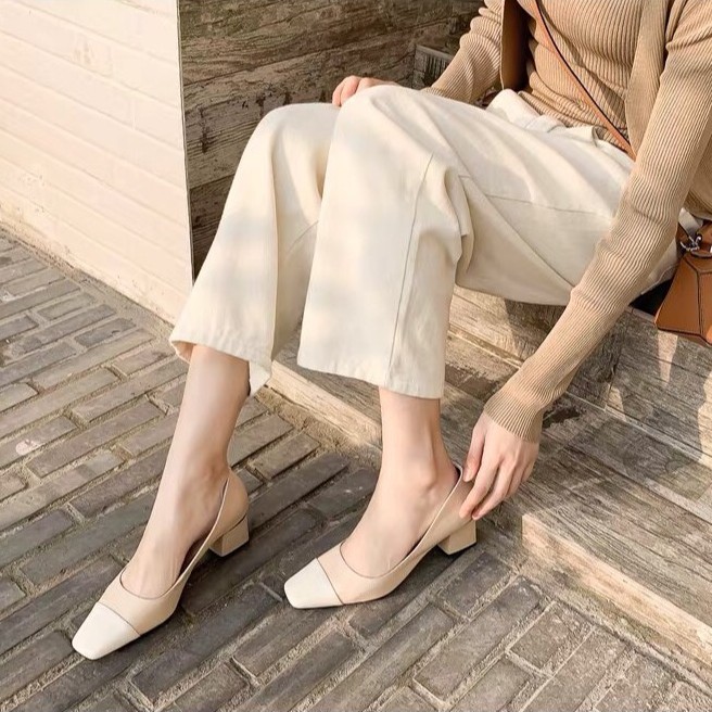 Giày cao gót công sở gót vuông 5 phân da lì phối màu cực sang- Có size lớn cho chân ngoại cỡ