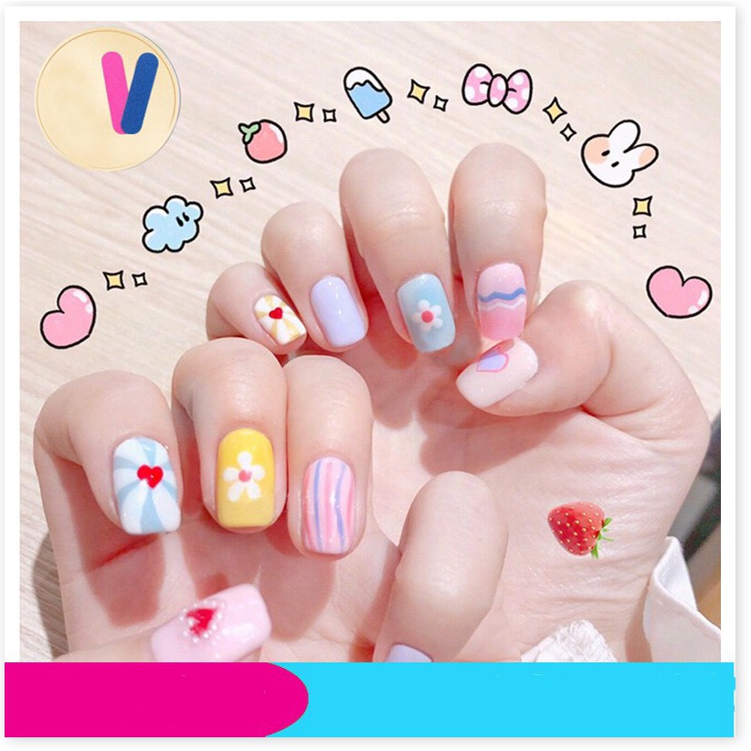[Mã giảm giá] Bộ 14 miếng sticker trang trí dán móng tay hoạ tiết chống thấm nước cute màu hồng phong cách Hàn Quốc 3D x