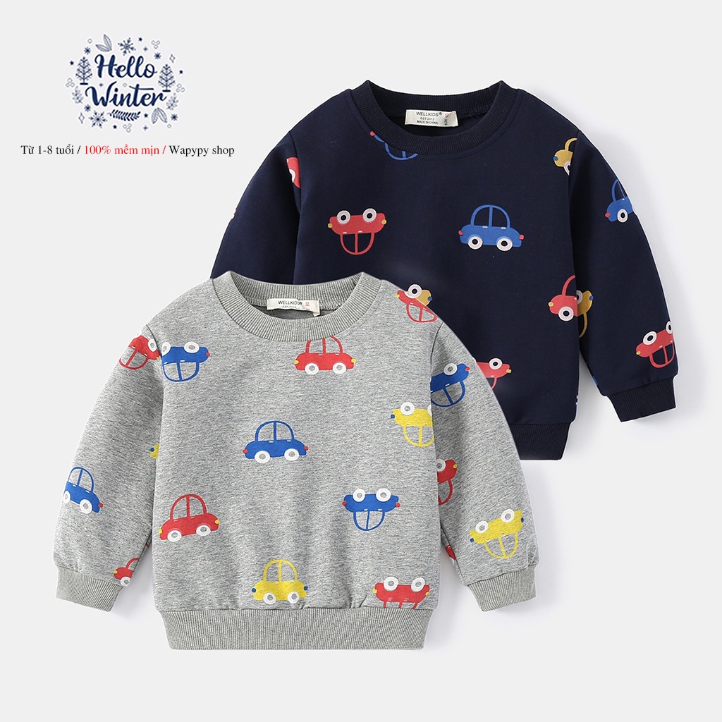 Áo nỉ cho bé WELLKIDS áo nỉ dài tay chất da cá họa tiết ôtô ngộ nghĩnh hàng xuất Âu Mỹ
