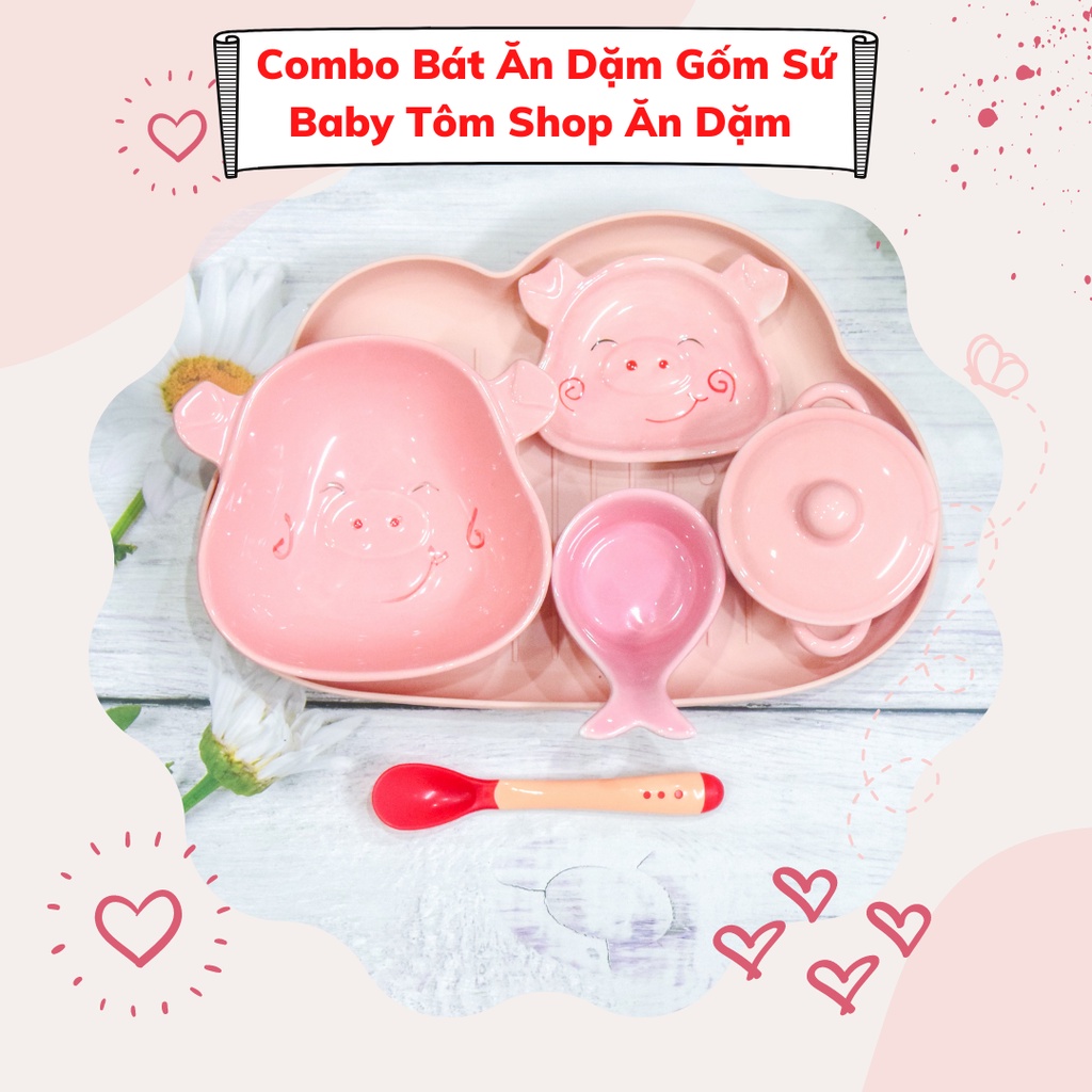 Combo bát ăn dặm gốm sứ hình HEO ngộ nghĩnh cho bé yêu, NPP Baby Tôm