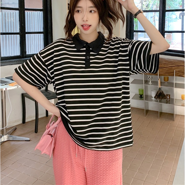 SUXI Áo polo Ngắn Tay Họa Tiết Kẻ Sọc Đen Trắng Phong Cách Vintage Dễ Phối Đồ