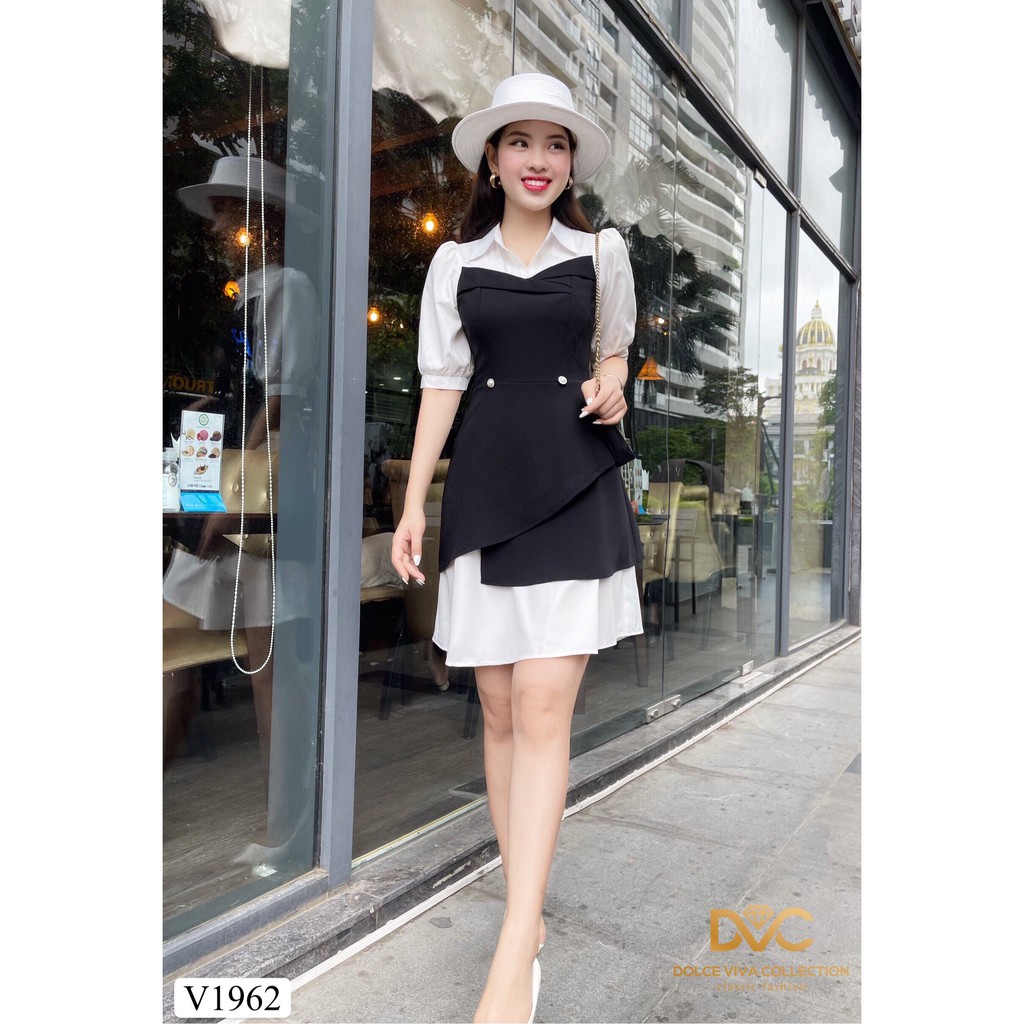 Váy đen phối trắng cổ sơ mi V1962 - DOLCE VIVA COLLECTION