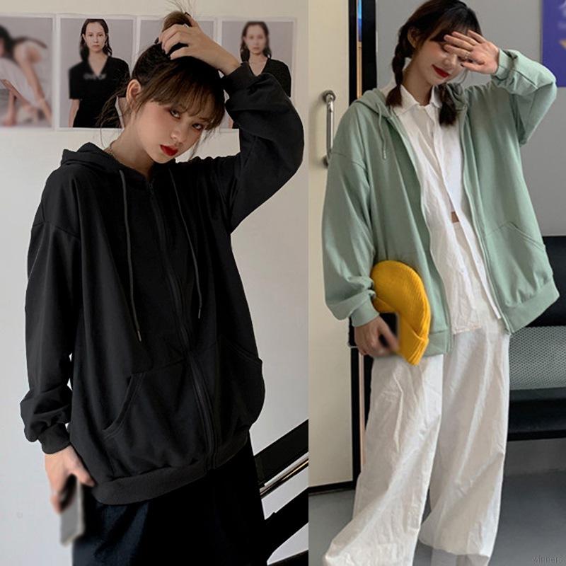 Áo khoác cardigan dáng rộng màu trơn có nón trùm phối khóa kéo thời trang Hàn Quốc cho nữ | BigBuy360 - bigbuy360.vn