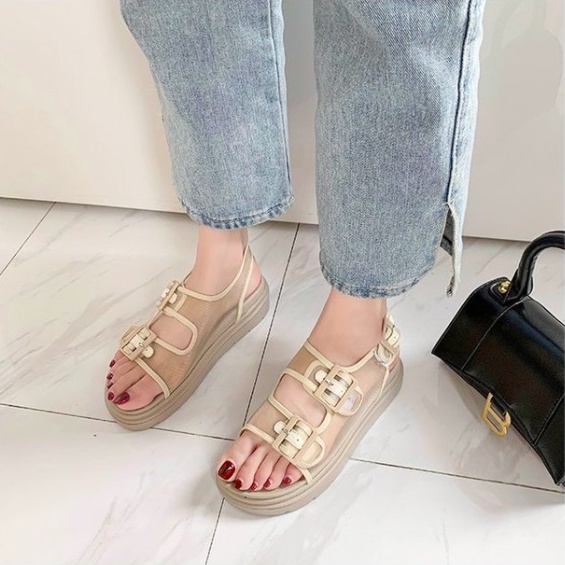 Sandal Nữ Ulzzang Vintage, Giày Sandal 2 Quai Ngang Vải Lưới Đế Cao Su Độn 3cm Hàn Quốc, Street Style - Iclassy_shoes