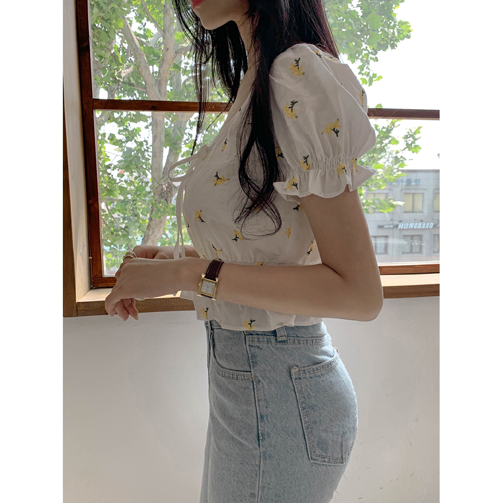 SUXI Áo Sơ Mi Tay Phồng Thêu Hoa Xinh Xắn Cho Nữ