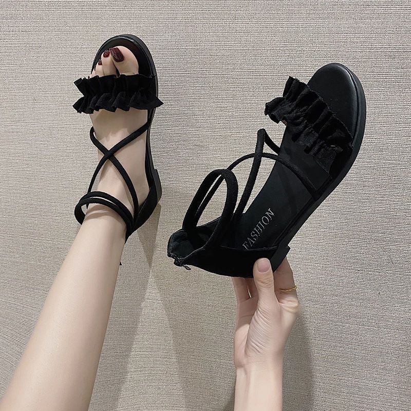 Giày Sandal Cột Dây Đế Bằng Phong Cách Hàn Quốc Thời Trang Mùa Hè Cho Nữ