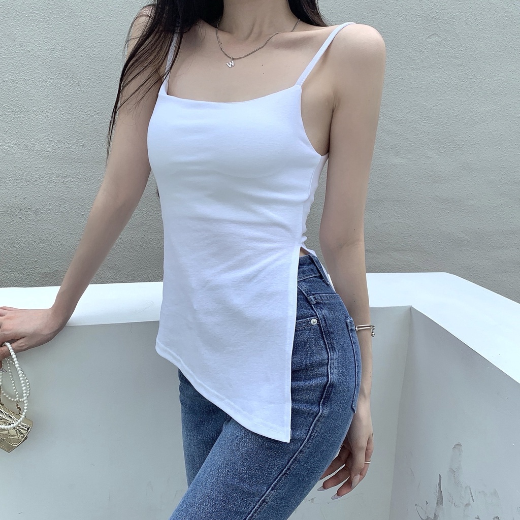 ihkke Áo hai dây màu trơn phối xẻ tà gợi cảm cho phái nữ