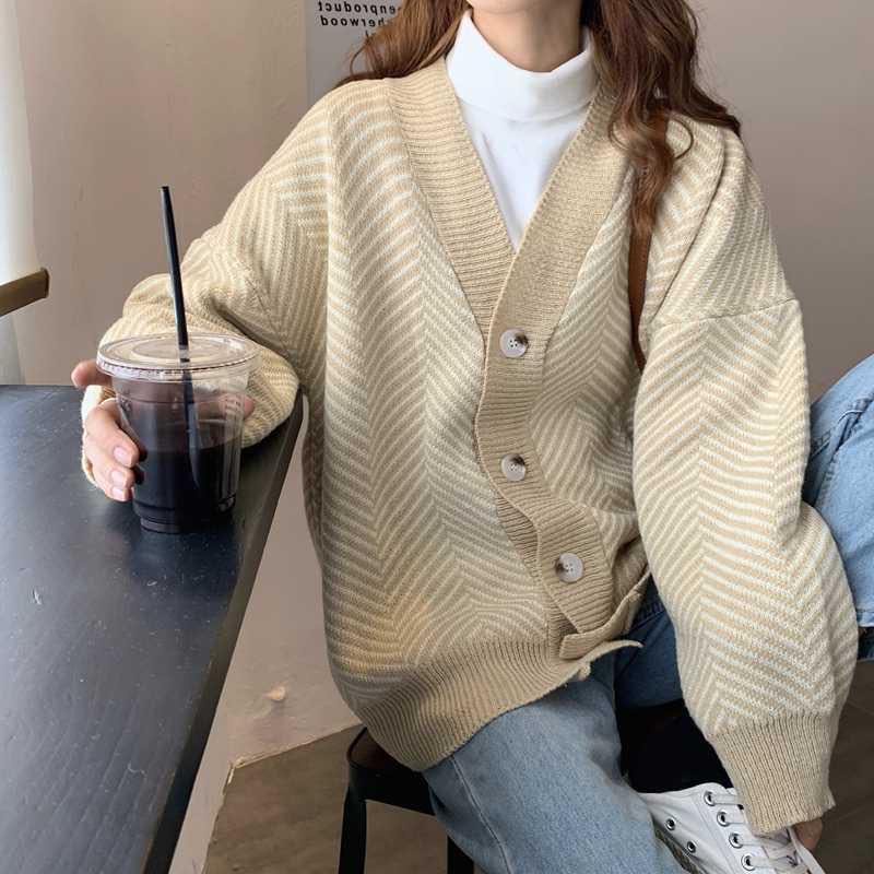 SUXI Áo dệt kim tay dài dáng rộng cổ chữ V phong cách Hàn Quốc cho nữ