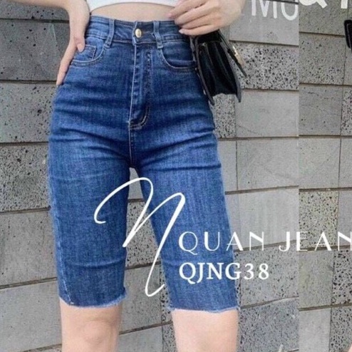 Quần ngố nữ đơn giản chất vải denim co dãn lưng cao, quần lửng nữ hai màu xanh đậm xanh nhạt T-FASHION 24H NN01