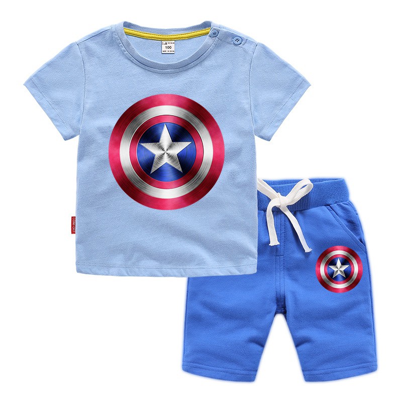 Bộ Đồ 2 Món Áo Thun Tay Ngắn In Hình Khiên Captain America Và Quần Dài Vải Cotton Dành Cho Bé Trai Bé Gái