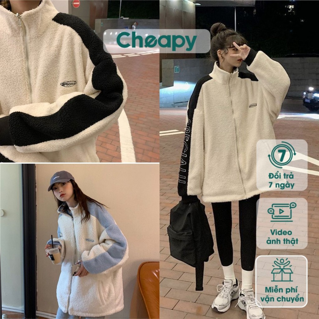 Áo khoác lông nam nữ trắng Special phom rộng Cheapy freesize khóa zip mua đông phong cách thể thao hàn quốc C522
