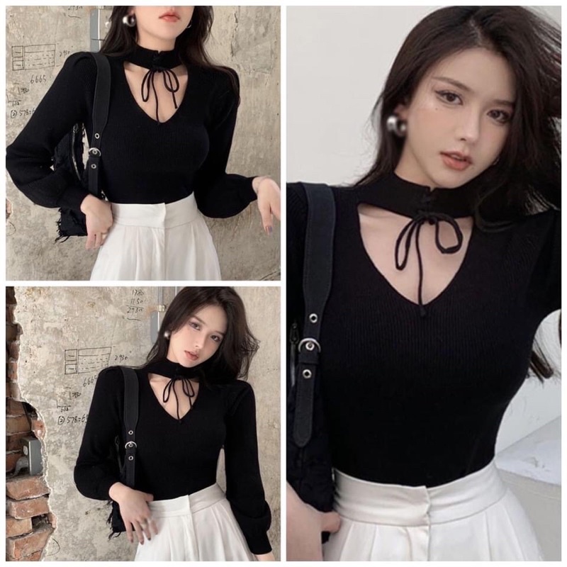 Áo kiểu croptop tay dài phối dây thời trang