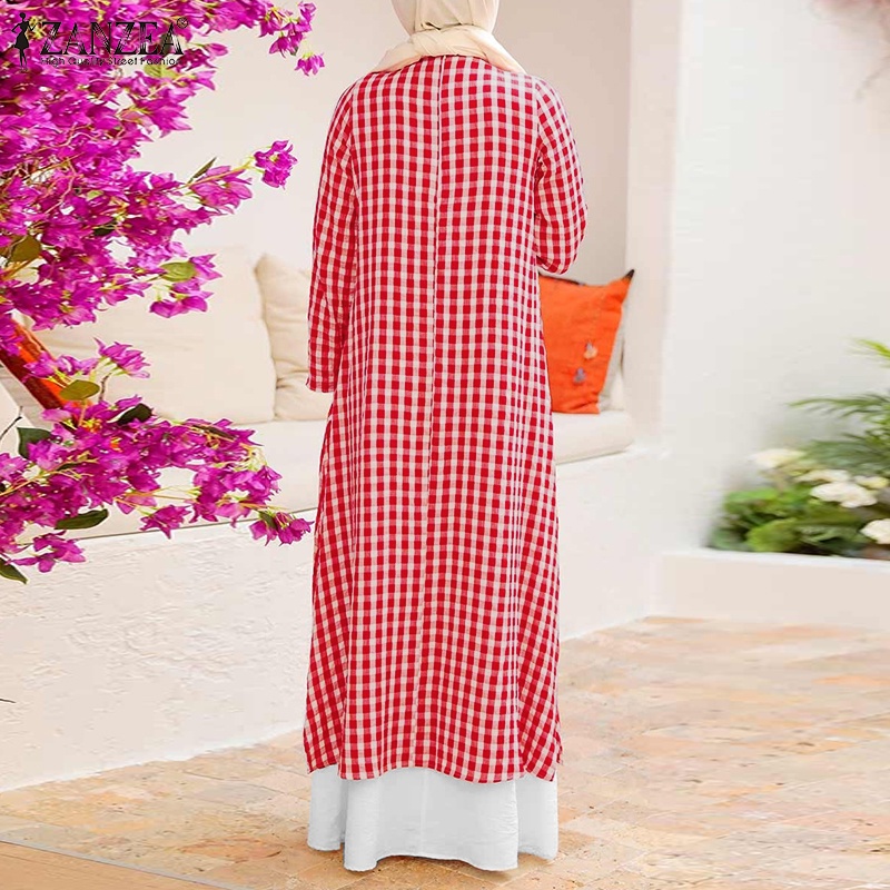 Set đồ Zanzea gồm áo caro dài tay cổ tròn + chân váy xòe cho phụ nữ hồi giáo