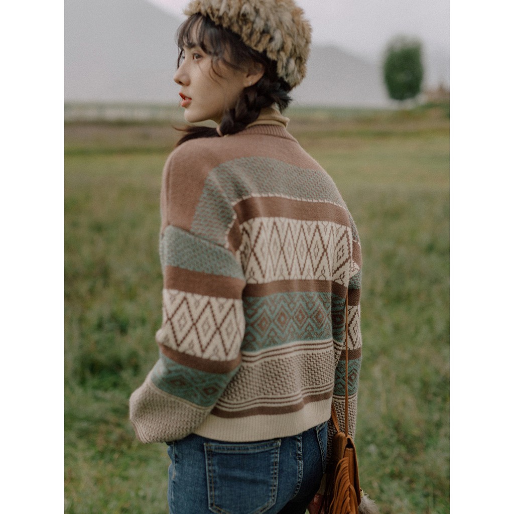 ÁO CADIGAN LEN BOHO HỌA TIẾT MÀU NÂU TÂY RETRO