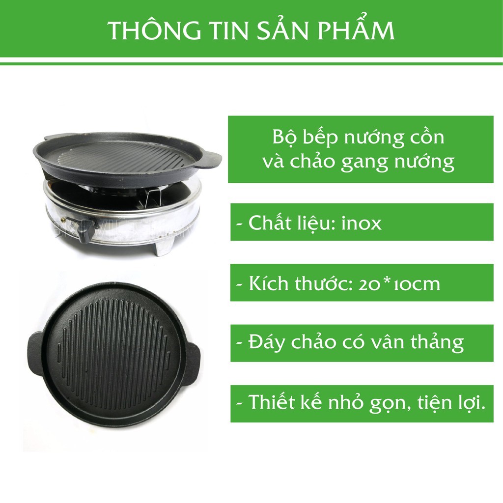 Bếp Nướng Cồn Kèm Chảo Gang,Vỉ Nướng Hứng Mỡ Và Kẹp Nướng ( Tặng Giấy Bạc ) - BEPCONCHAO