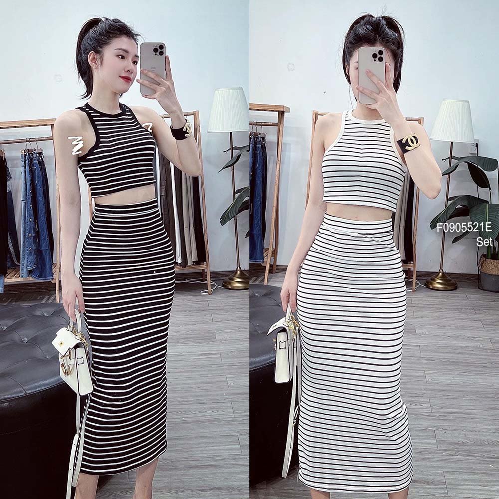 Set kẻ sọc áo croptop ba lỗ+ chân váy ôm dáng dài!