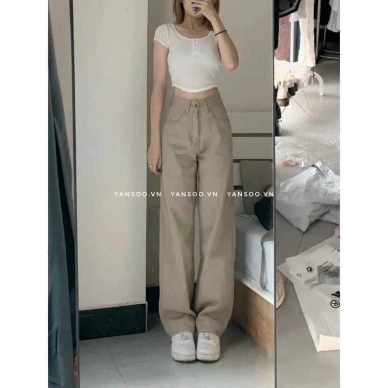 Quần jean ống rộng màu kem kaki cạp cao hách dáng cá tính , màu mới nhất năm nay | BigBuy360 - bigbuy360.vn