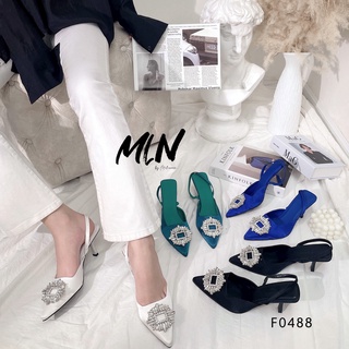 GIÀY CAO GÓT NỮ SLINGBACK GÓT NHỌN 5P BÍT MŨI SATIN PHỐI KHÓA ĐÁ TỦA F0488