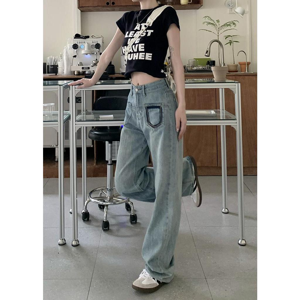 Quần Jean Ống Rộng Lưng Cao Có Túi Màu Sắc Tương Phản Phong Cách Thời Trang Mới 64186