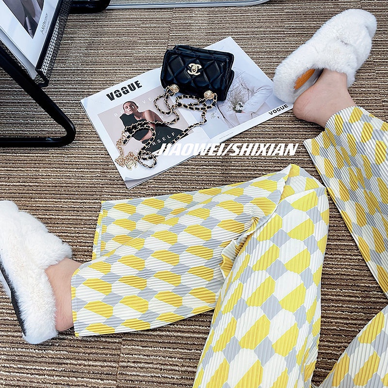 Jiashucheng Quần Chiffon Ống Rộng Lưng Cao Xếp Ly In Màu Tương Phản Thời Trang Xuân Hè Kiểu Mới Cho Nữ
