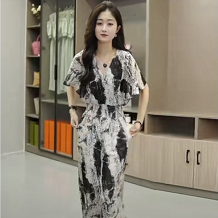 Jumpsuit thiết kế mùa hè 2022 cảm giác mực vẽ in mưa sương mù Giang Nam thời trang jumpsuit eo thon cổ chữ V quần dài