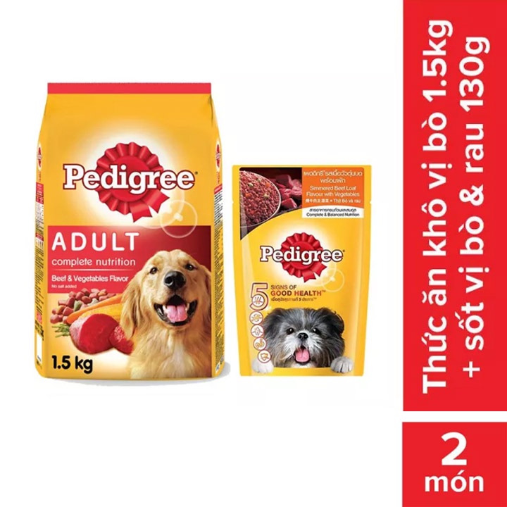 Bộ thức ăn cho chó lớn dạng hạt Pedigree vị bò và rau củ 1.5kg + sốt dành cho chó lớn vị bò rau củ 130g