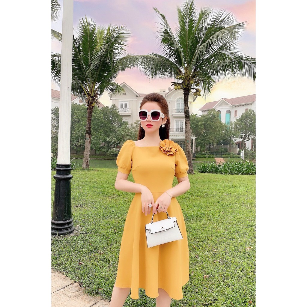 Váy xoè cổ vuông xếp ly tay bồng sweetlady ảnh thật freeship