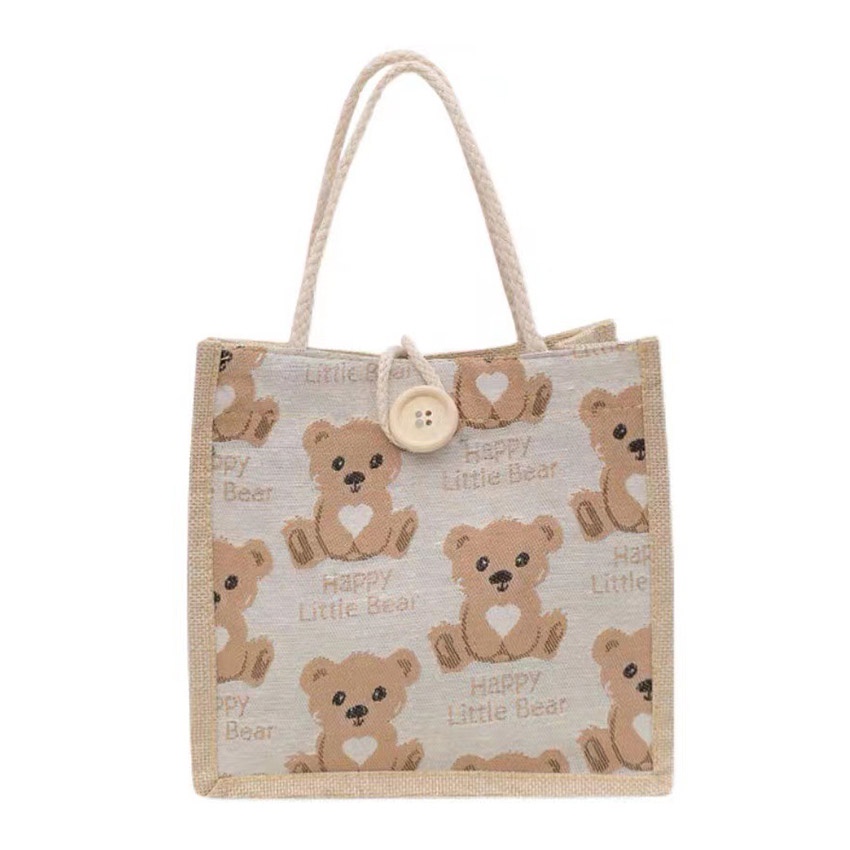 Túi cói hình gấu con dễ thương có nút gài tiện dụng T1025 - túi xách tay nữ dệt mẫu đẹp thời trang - NASI Store