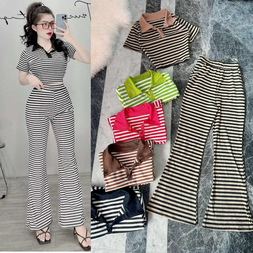 Đồ bộ nữ, set đồ bộ quần ống loe đai cao có túi và áo croptop ngắn tay cổ bẻ thun gân borip, quần áo nữ, đồ mặc nhà