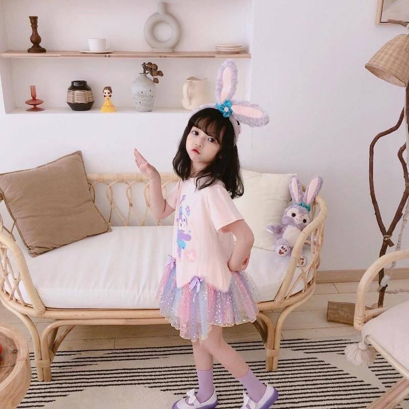 Đầm lưới cotton cổ tròn in hoạt hình phong cách phương Tây cho bé gái