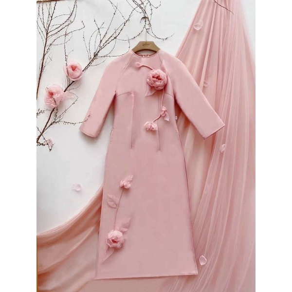 Áo dài cách tân chất tafta cao cấp dáng hiện đại đính  bông thủ công