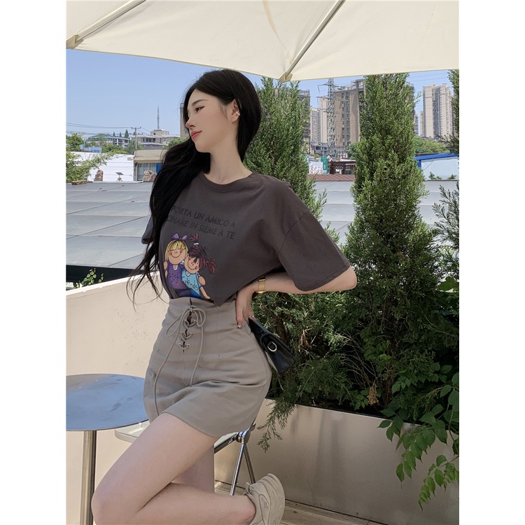 Set Áo Thun Ngắn Tay Cổ Tròn In Họa Tiết Và Chân Váy Lưng Cao Thời Trang Mùa Hè Phong Cách Hàn Quốc Cho Nữ