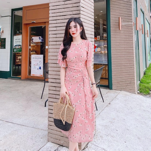 Đầm maxi hoa dáng xoè tay cánh tiên rút eo thắt nơ cổ tròn (kèm ảnh thật)
