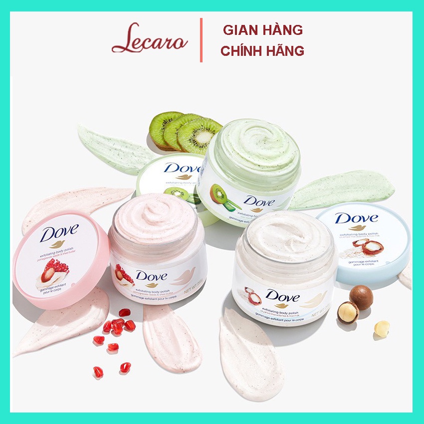 Tẩy tế bào chết DOVE 50G, hương kiwi, lựu đỏ giúp da mềm mại; trắng sáng, hấp thụ sữa dưỡng thể tốt hơn LECARO