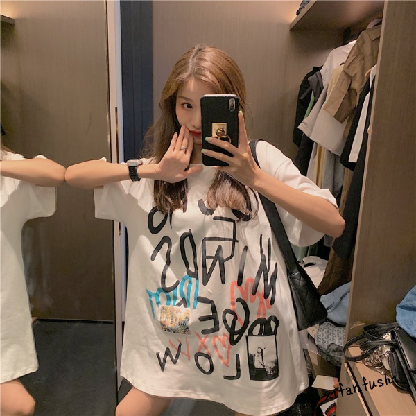 Korean women's T-shirt, medium and long short-sleeved printed loose women's T-shirt （Sell at a loss）XIFANFUSHI Women's Clothing