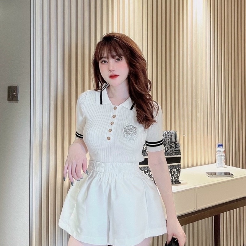 Áo len nữ bóng chày tag huy hiệu thêu ngực, cổ đóng khuy cực xinh