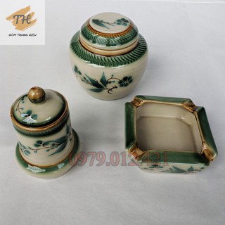 Bộ phụ kiện ấm chén Bát Tràng men bóng vẽ Đào xanh