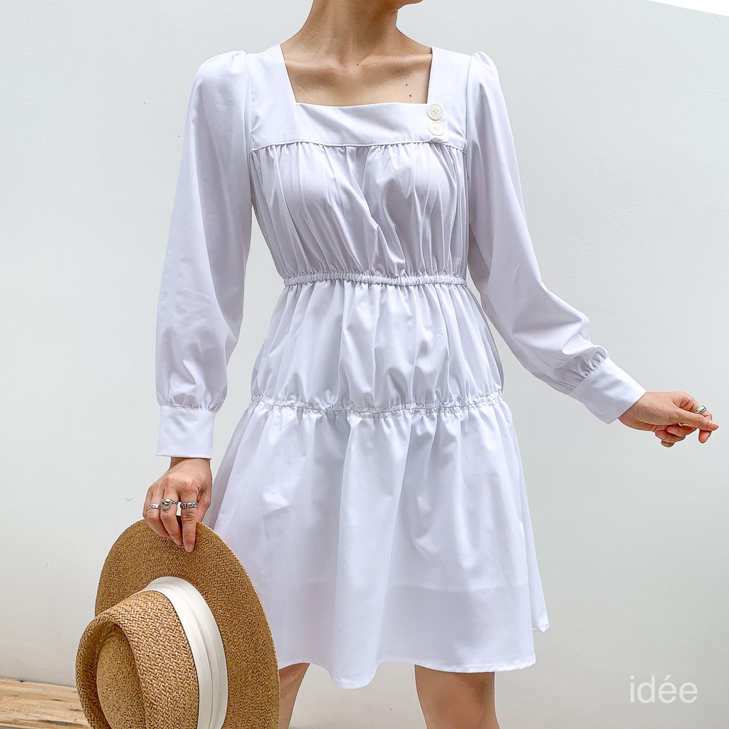 Đầm ngắn nữ idée nhún eo dáng xoè chữ A tay dài