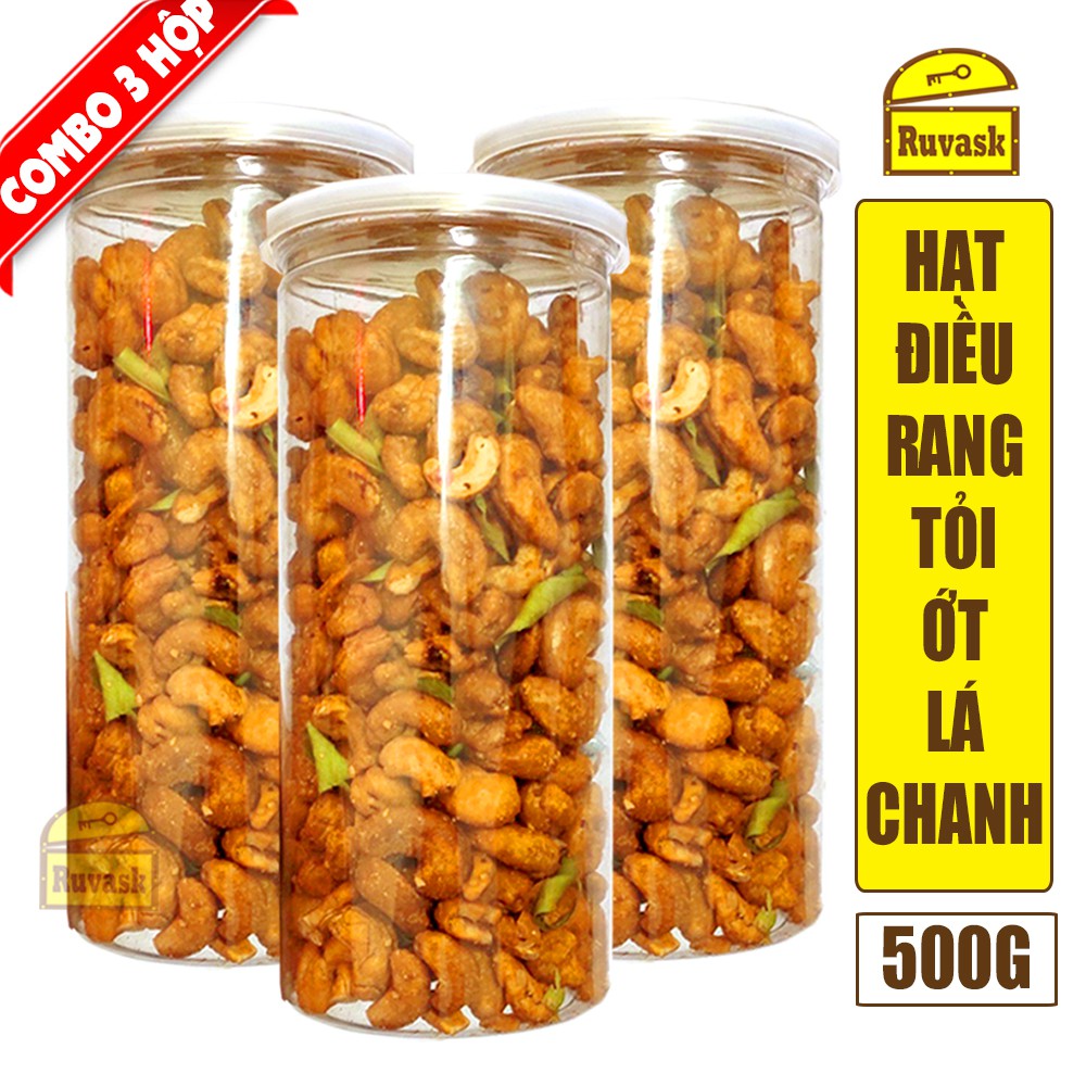 [COMBO 3 HỘP] Hộp Hạt Điều Rang Tỏi Ớt Lá Chanh 500G- Hạt Điều Rang Muối - Đồ Ăn Vặt Nội Địa - Đồ Ăn Vặt Giá Rẻ - Ruvask