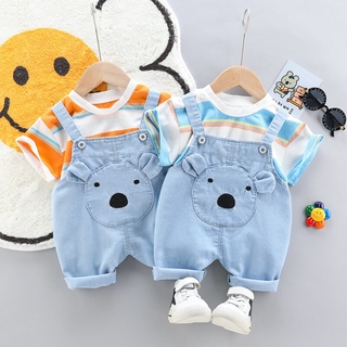 Set Đồ Mùa Hè 2 Món Gồm Áo Thun Sọc + Áo Liền Quần Denim Hoạt Hình Thời Trang Cho Bé Trai /