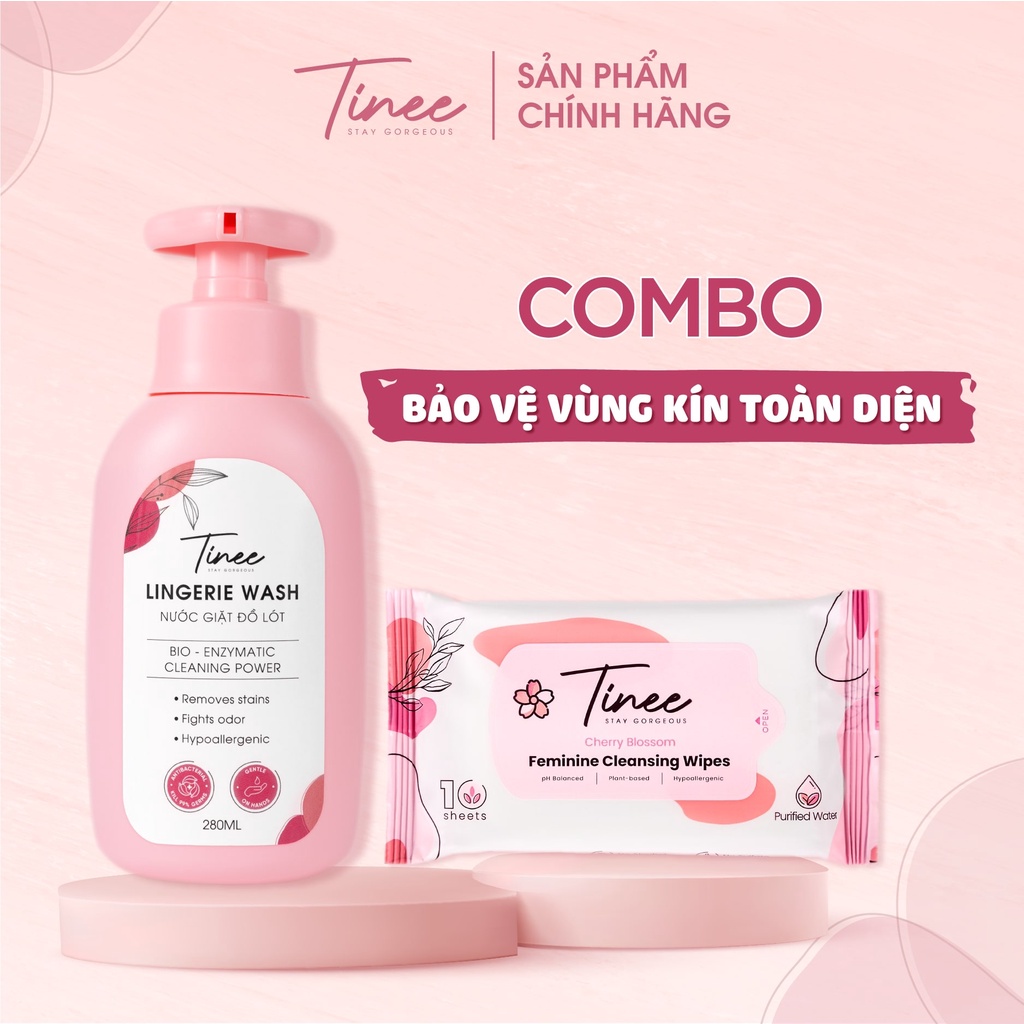 Combo 1 nước giặt đồ lót và 1 gói khăn giấy vệ sinh phụ nữ vùng kín Tinee Hoa Anh Đào 10 tờ